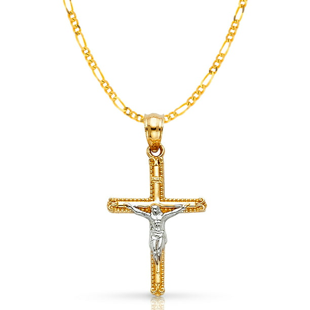14K Two Tone Gold Crucifix Charm Pendant with 2.3mm Figaro 3+1 Chain Necklace 
